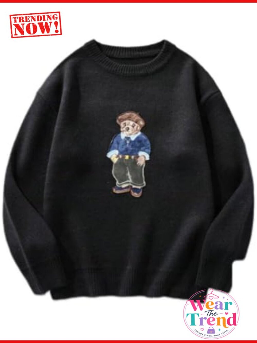 Teddy Bear Embroidered Fleece Lined Crewneck Pullover Sweater Warm Winter Knit